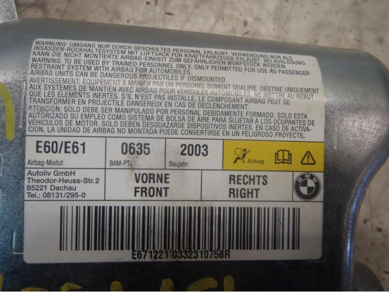 Recambio de airbag lateral derecho para bmw serie 5 berlina (e60) 530d referencia OEM IAM 72126963022 16215856 16215856