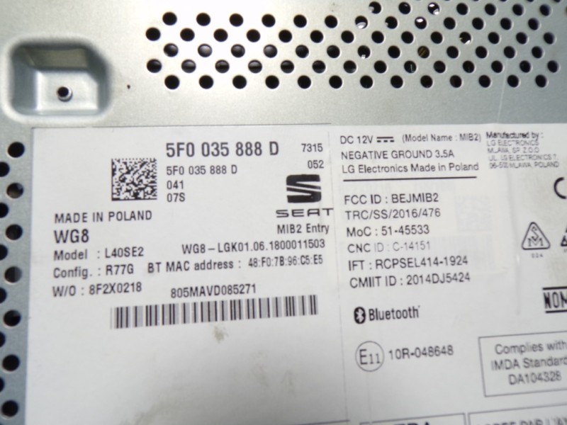 Recambio de sistema audio / radio cd para seat leon (5f1) 1.6 tdi referencia OEM IAM 5F0035888D 5F0035888D 