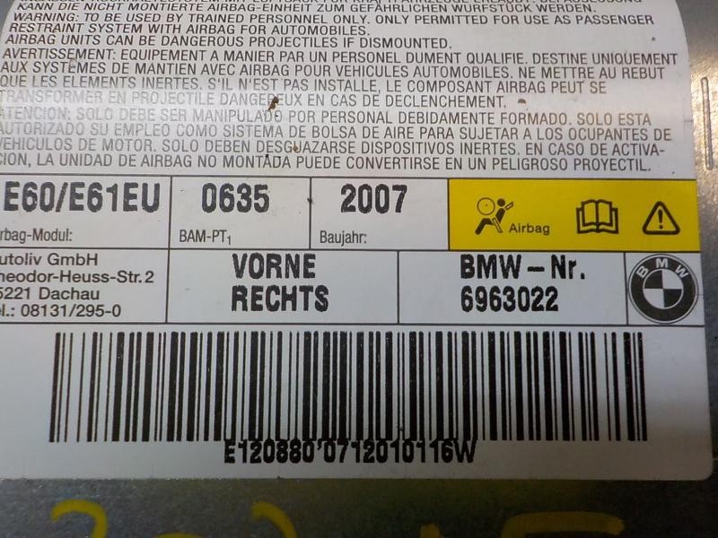 Recambio de airbag lateral delantero derecho para bmw serie 5 touring (e61) 520d referencia OEM IAM 72126963022 6963022 