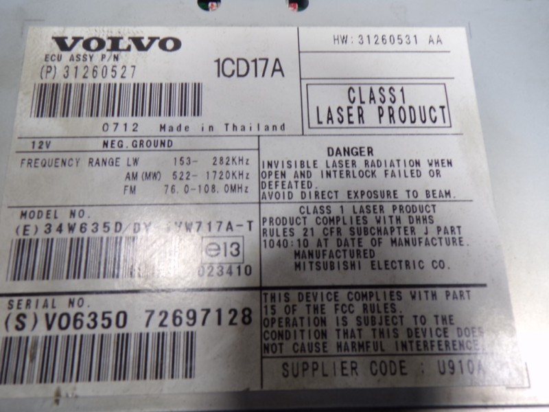 Recambio de sistema audio / radio cd para volvo c30 2.4 20v diesel referencia OEM IAM 36050355 31260527 