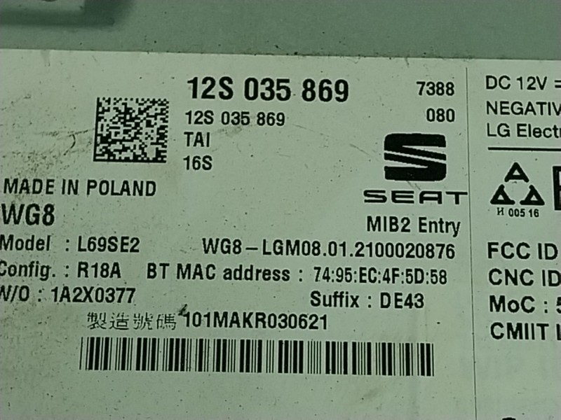 Recambio de sistema audio / radio cd para seat mii (kf1) electric referencia OEM IAM  12S035869 