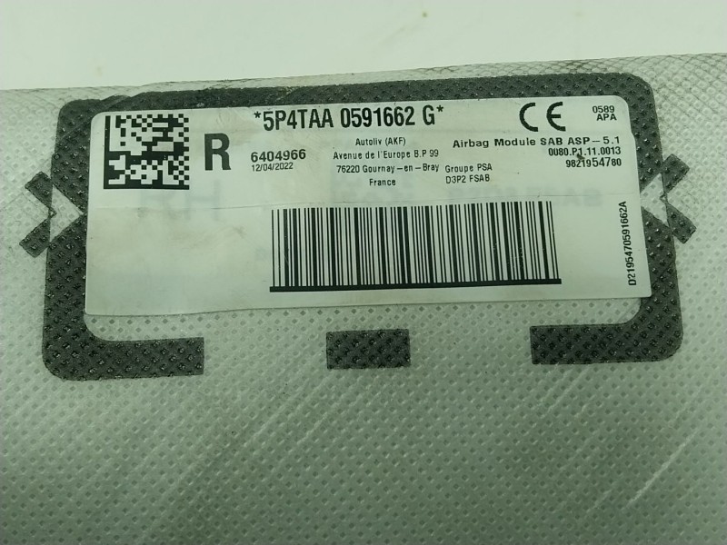 Recambio de airbag lateral delantero derecho para peugeot 208 (p2) 1.2 puretech referencia OEM IAM  9821954780 