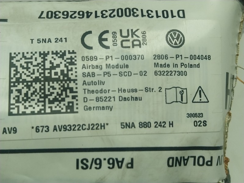 Recambio de airbag lateral delantero derecho para volkswagen touran (5t1) 2.0 tdi referencia OEM IAM  5NA880242H 