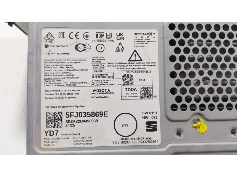 Recambio de pantalla multifuncion para seat arona (kj7, kjp) 1.0 tsi referencia OEM IAM  5FJ035869E 